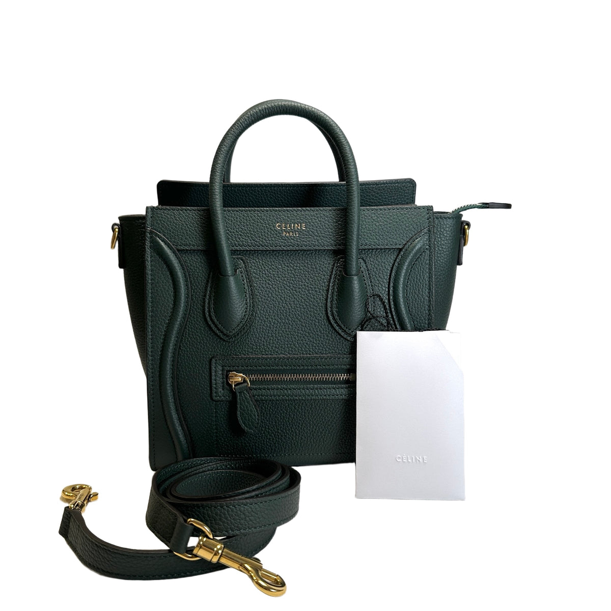 Used CELINE Drummed Calfskin Luggage Nano Handbag Dark Green