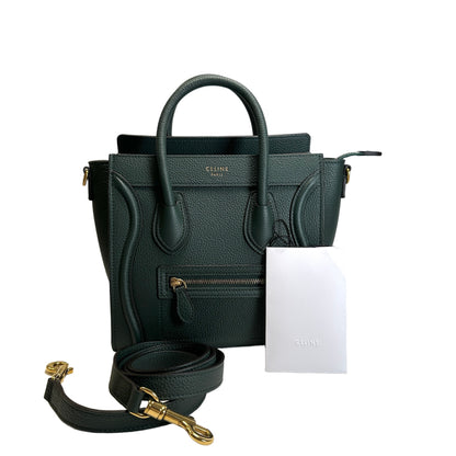 Used CELINE Drummed Calfskin Luggage Nano Handbag Dark Green