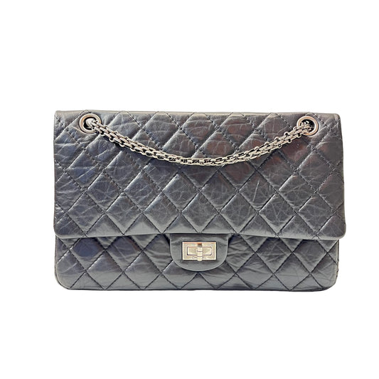 Used CHANEL Calfskin Leather 2.55 medium 28 Shoulder Bag Black PHW