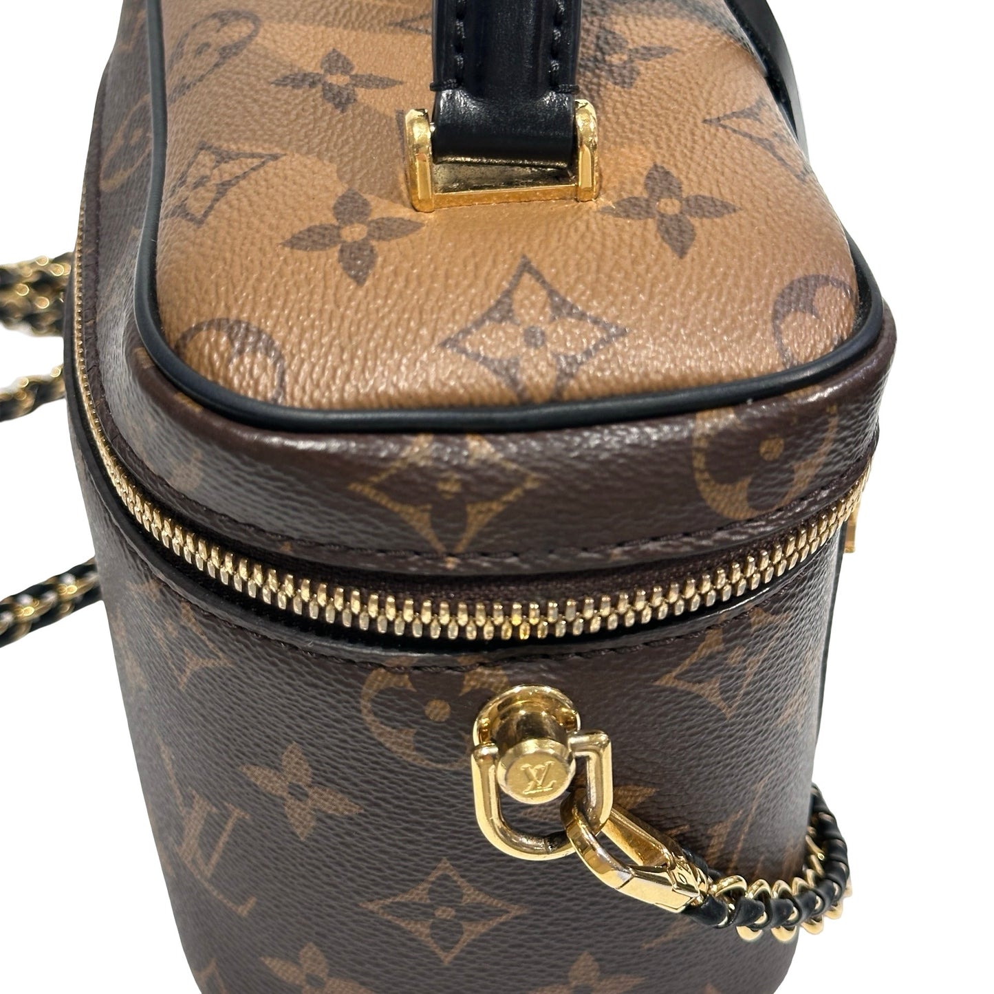 Used Louis Vuitton Monogram Eclipse Coated Canvas Vanity Chain Pouch Cross Body Bag Brown GHW