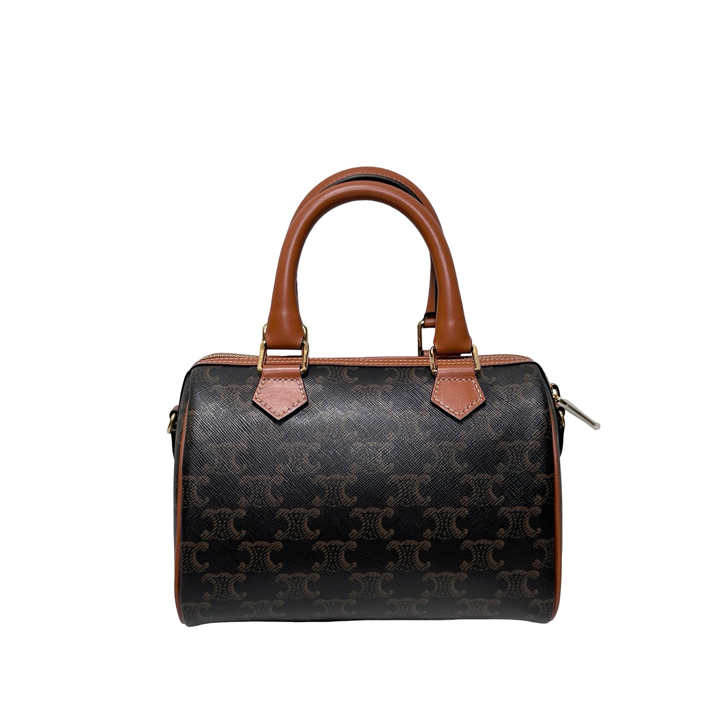 Used CÉLINE Calfskin Leather TRIOMPHE Canvas Boston small Shoulder Bag Brown GHW