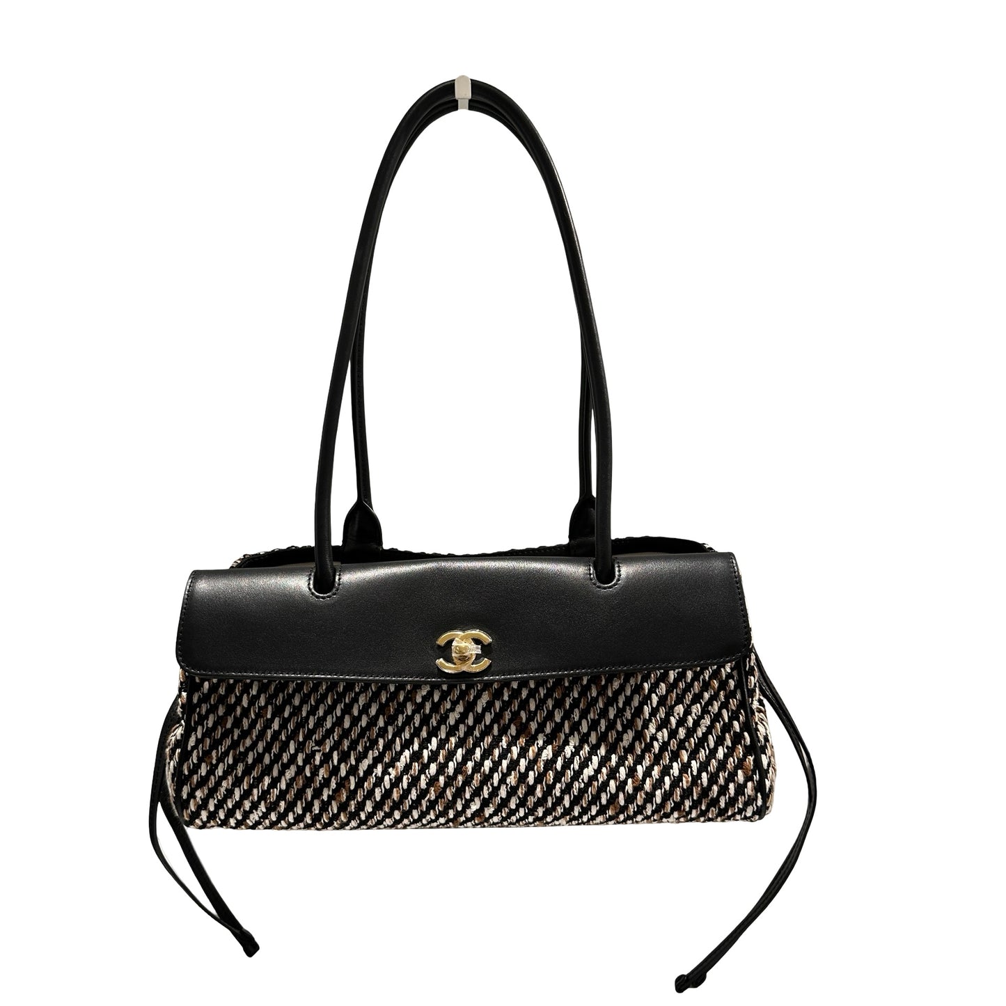 Used CHANEL Tweed Leather Suede Tweed and Leather CC Shoulder Bag Shoulder Bag Black Brown White
