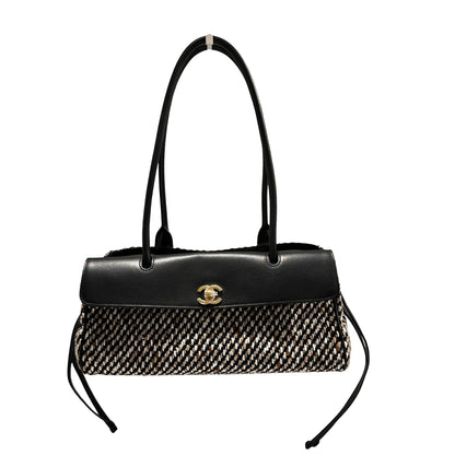 Used CHANEL Tweed Leather Suede Tweed and Leather CC Shoulder Bag Shoulder Bag Black Brown White
