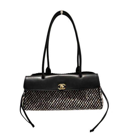 Used CHANEL Tweed Leather Suede Tweed and Leather CC Shoulder Bag Shoulder Bag Black Brown White
