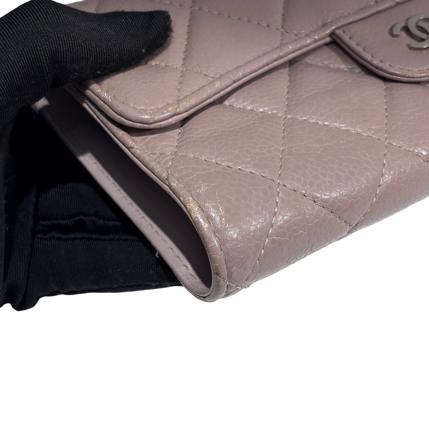 Used CHANEL Quilted Caviar Classic Long Flap Wallet Long wallet Beige Silver