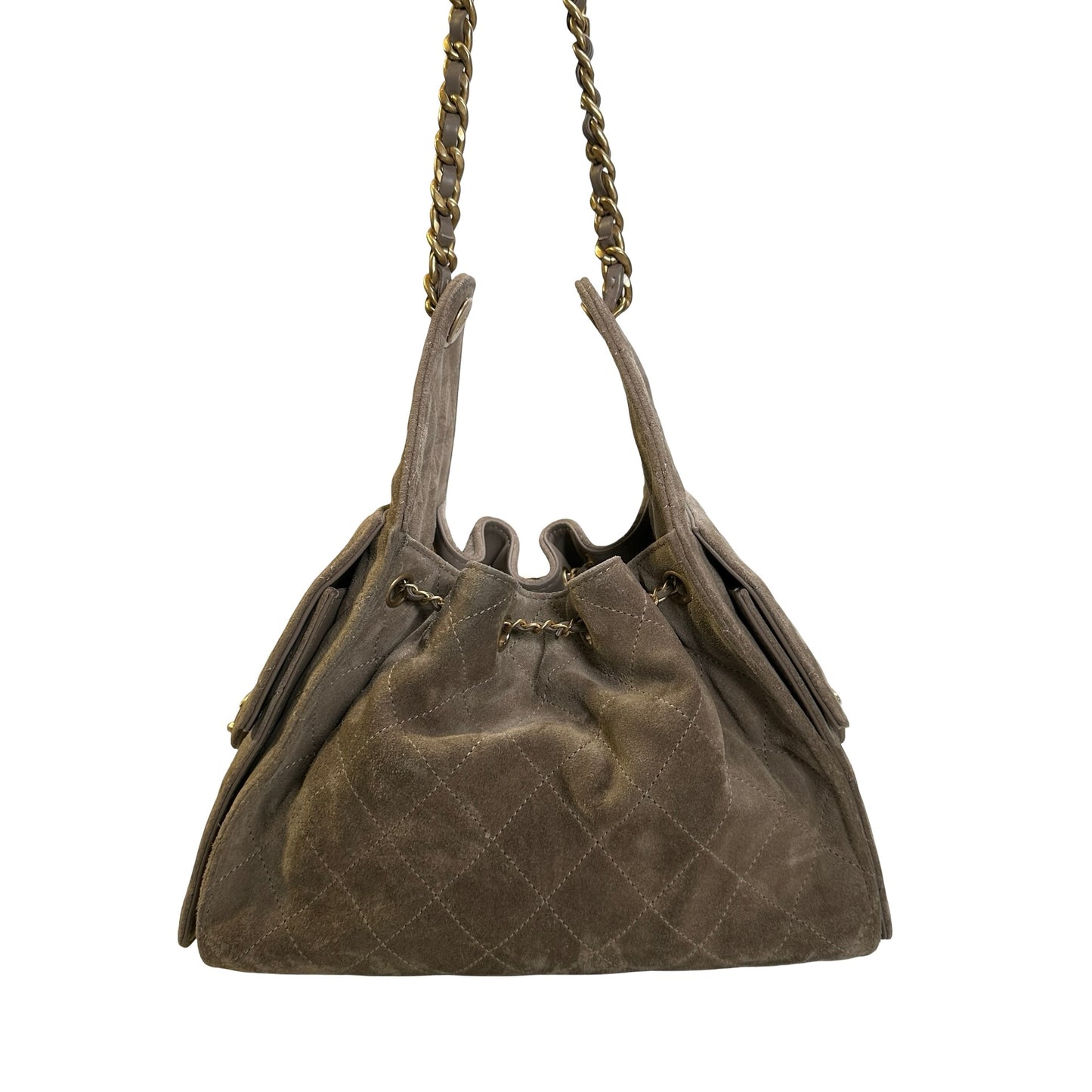 Used CHANEL Suede Quilted Suede Quilted Handbag Handbag Khaki Gold