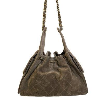 Used CHANEL Suede Quilted Suede Quilted Handbag Handbag Khaki Gold