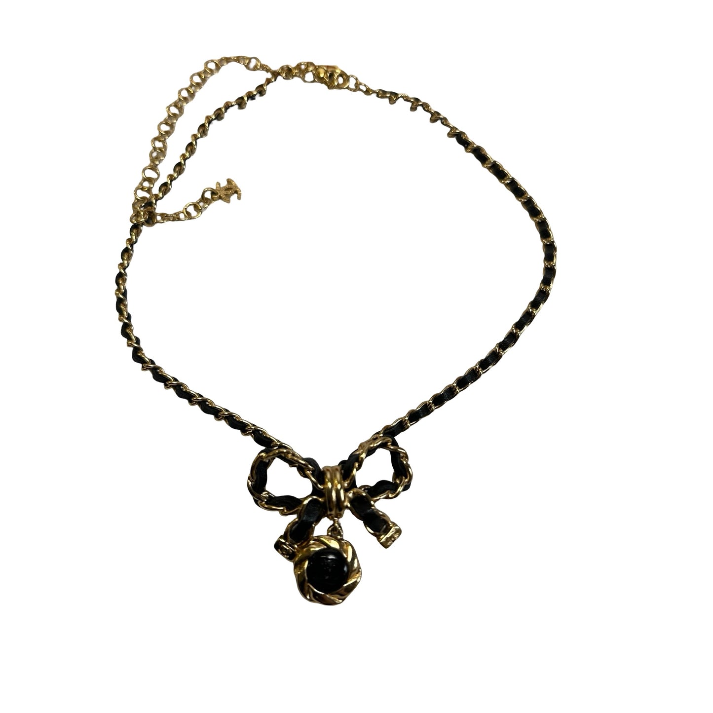 Used CHANEL Chain Bow Bow Ribbon Chain Necklace Gold Black