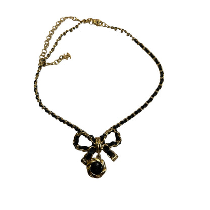 Used CHANEL Chain Bow Bow Ribbon Chain Necklace Gold Black