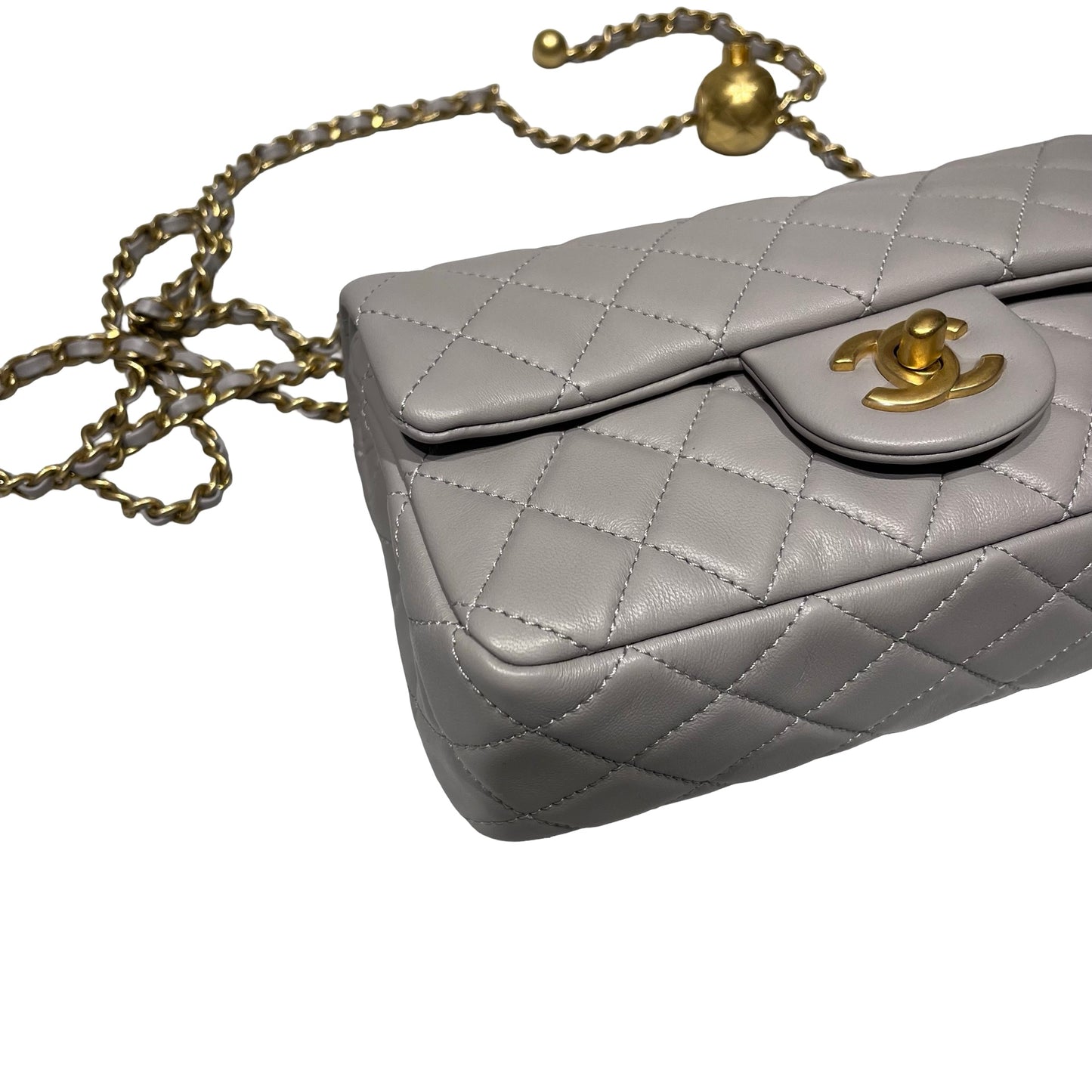 Unused CHANEL Lambskin Leather Mini Flap with Gold Ball Cross Body Bag Grey GHW
