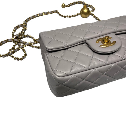 Unused CHANEL Lambskin Leather Mini Flap with Gold Ball Cross Body Bag Grey GHW