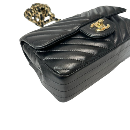Used CHANEL Chevron Lambskin Leather Mini Square Flap Chain Shoulder Bag Black GHW