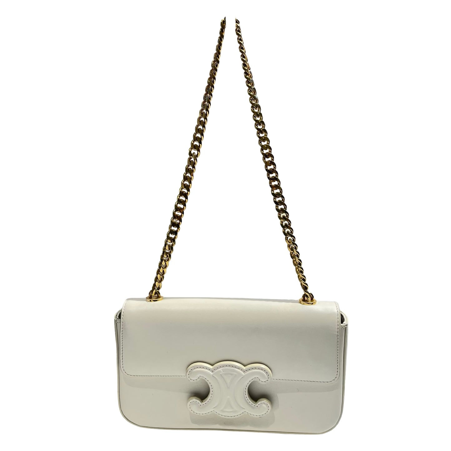 Used CÉLINE Calfskin Leather Triomphe Cuir Chain Shoulder Bag White GHW