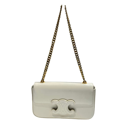 Used CÉLINE Calfskin Leather Triomphe Cuir Chain Shoulder Bag White GHW