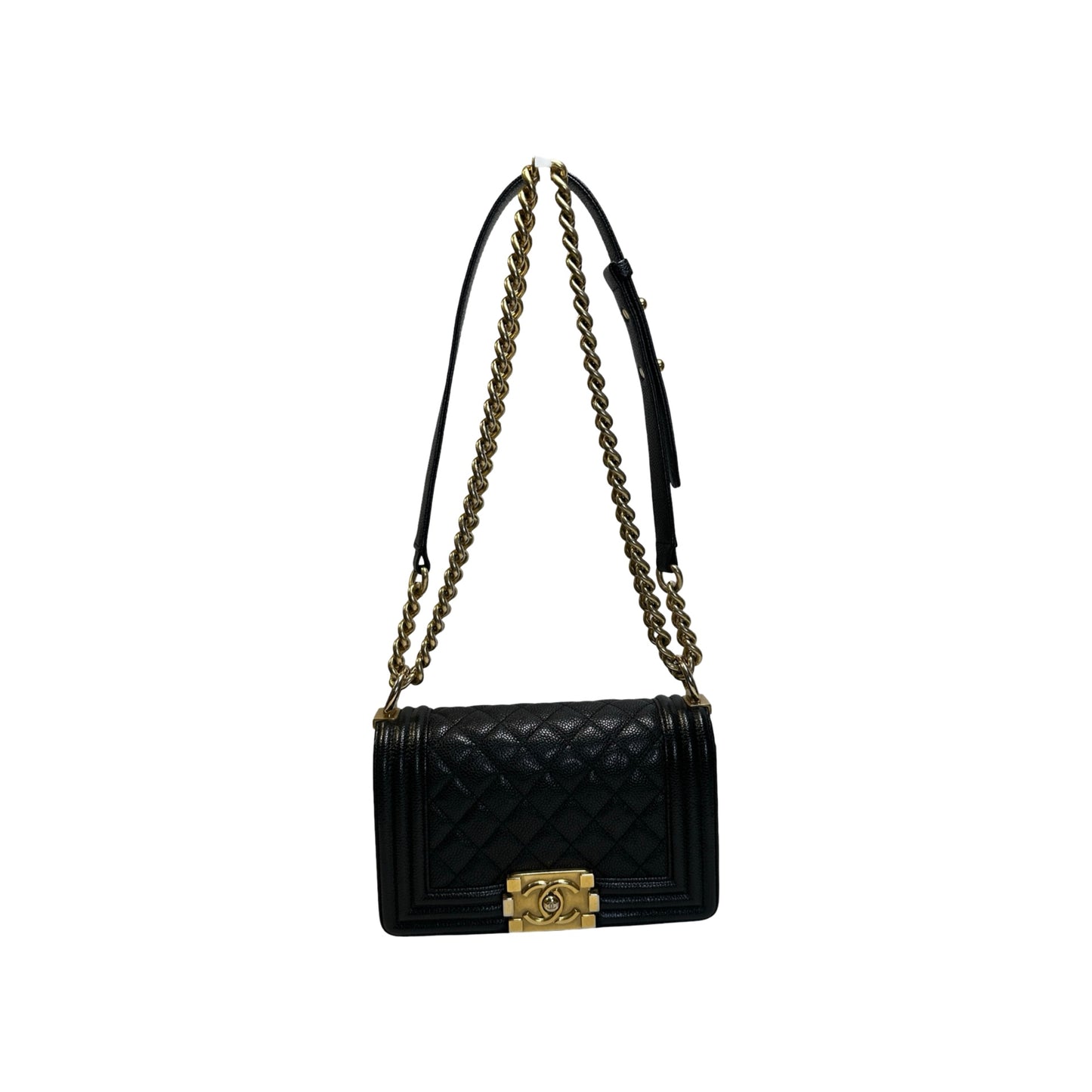 Used CHANEL Caviar Leather Quilted Boy 20 Shoulder Bag Black Gold