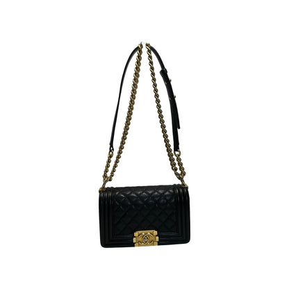Used CHANEL Caviar Leather Quilted Boy 20 Shoulder Bag Black Gold