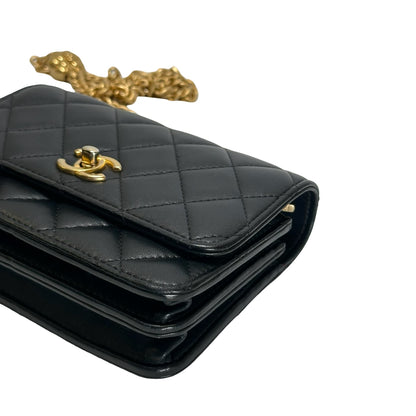 Used CHANEL Quilted Lambskin Mini Flap Bag Mini Flag Bag with Gold Ball Black Gold