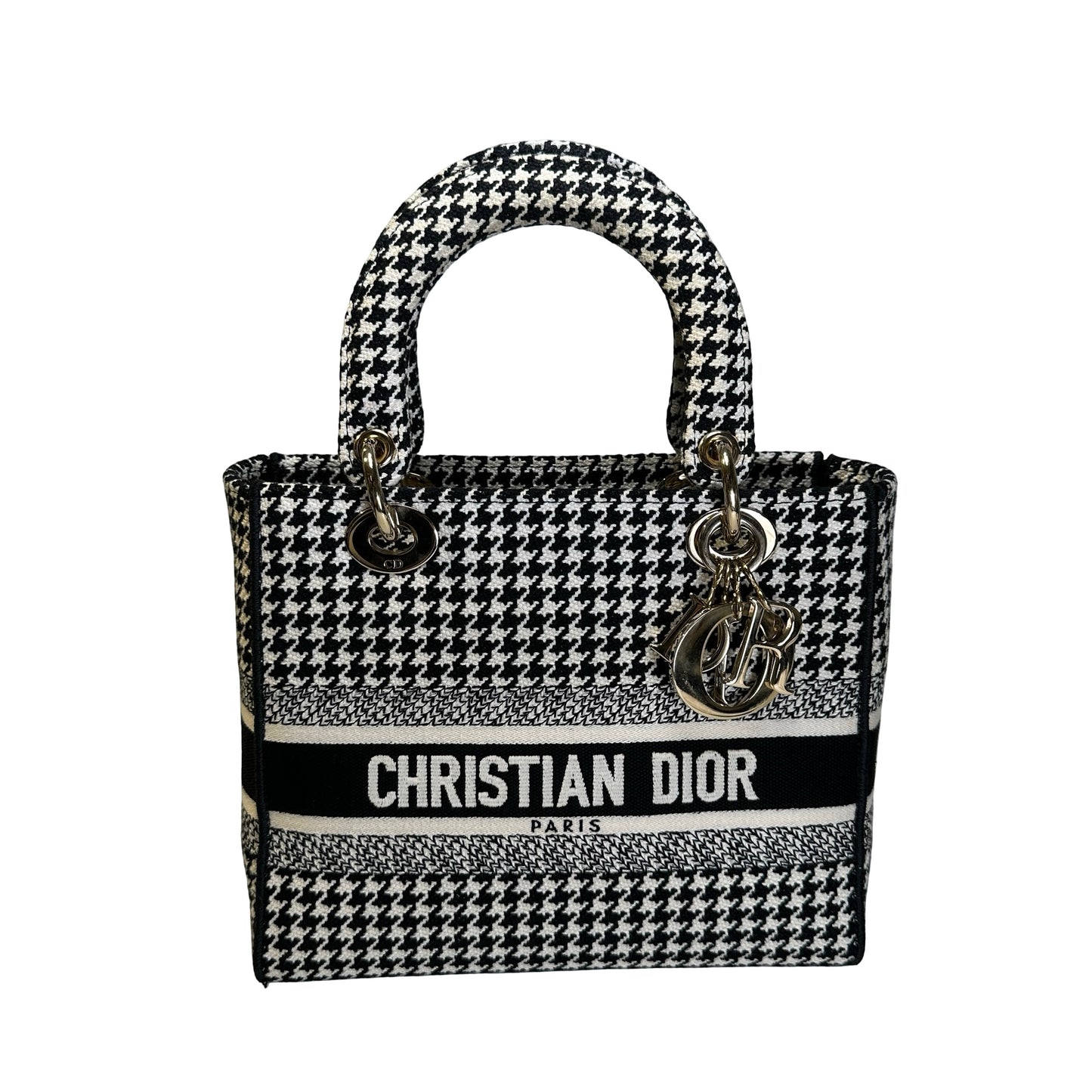 Used DIOR Houndstooth Embroidery Lady D-Lite Handbag Black White