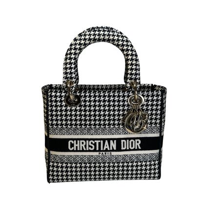 Used DIOR Houndstooth Embroidery Lady D-Lite Handbag Black White