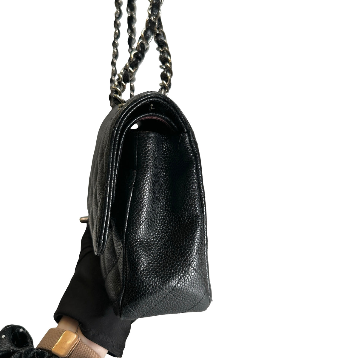 Used CHANEL Caviar Quilted Classic Flap Chain Shoulder Bag Black Silver