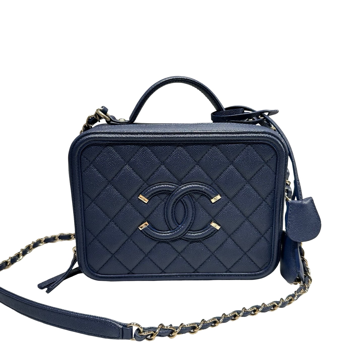 Unused CHANEL Calfskin Leather Vanity Case Navy Blue
