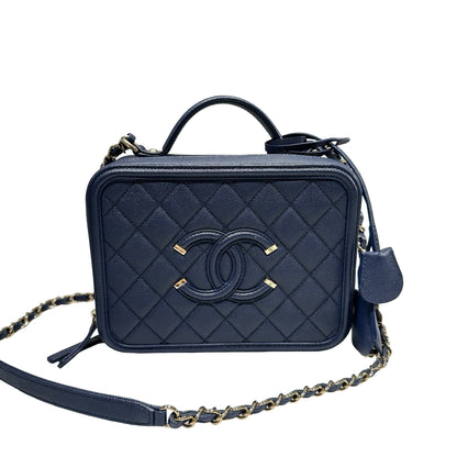 Unused CHANEL Calfskin Leather Vanity Case Navy Blue