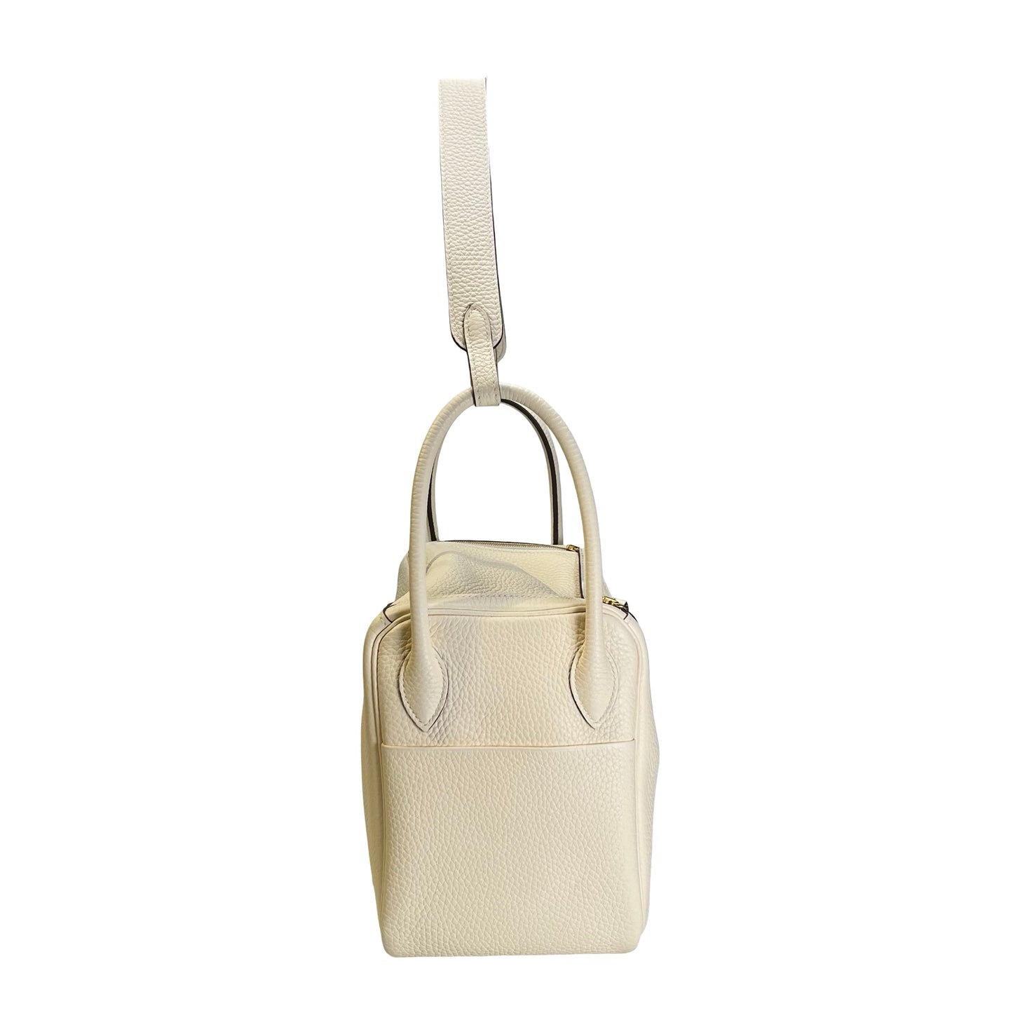 Used HERMES Leather Clemence Lindy Handbag Cream Off-White
