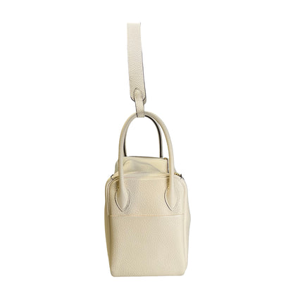 Used HERMES Leather Clemence Lindy Handbag Cream Off-White