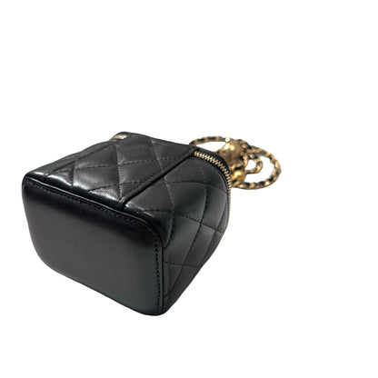 Used CHANEL Lambskin Leather Vanity Case with Gold Ball Cross Body Bag Black GHW