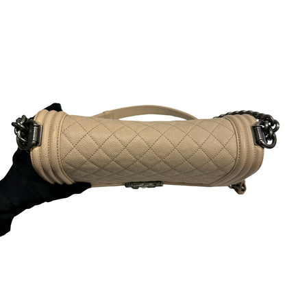 Used Chanel Caviar Leather Boy 25 Shoulder Bag Beige PHW