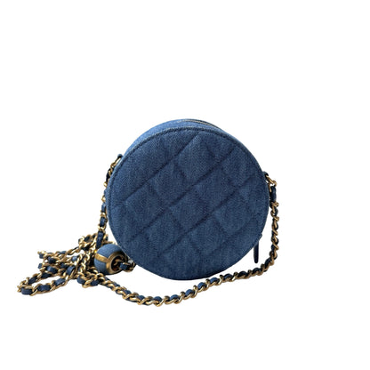 Used CHANEL Denim Chain with Gold Ball Cross Body Bag Denim Blue GHW