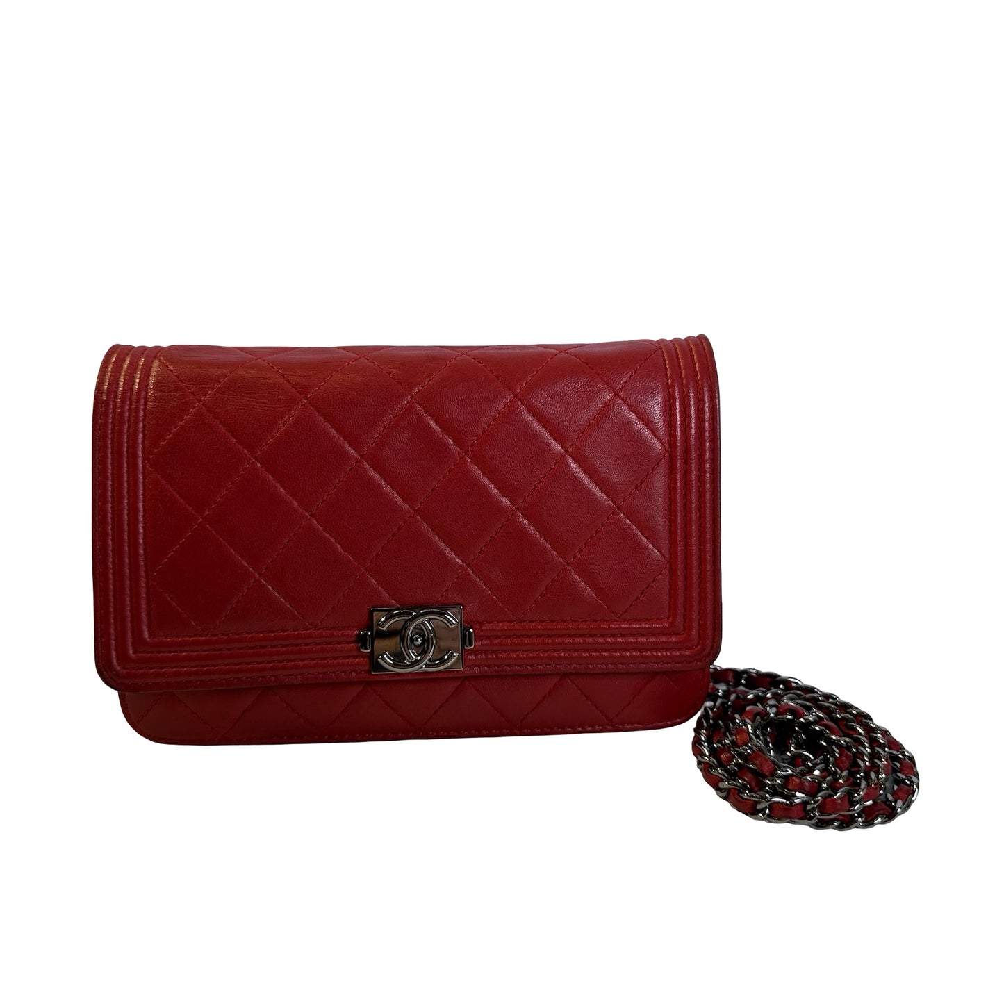 Used CHANEL Quilted Lambskin Boy Wallet on chain Red