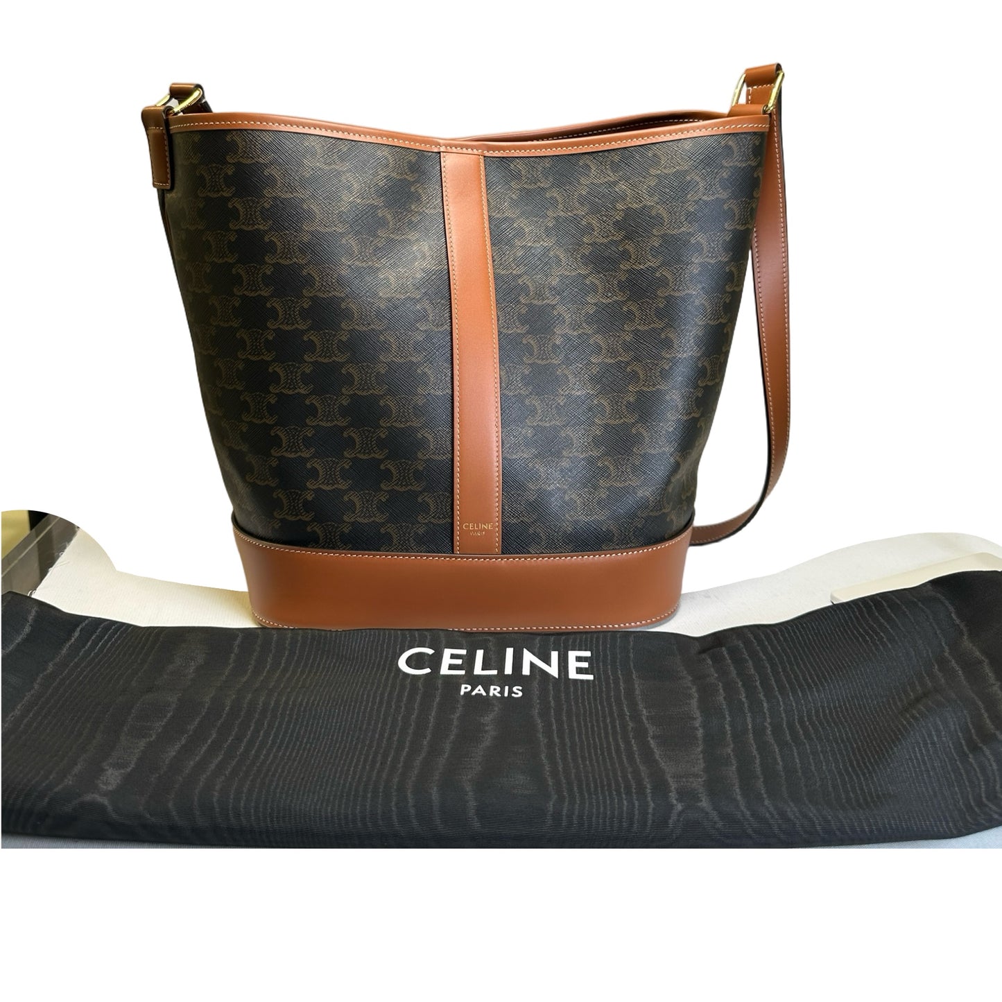 Used CELINE Triomphe Canvas Leather Triomphe Canvas Bucket Bag Bucket Bag Brown Tan