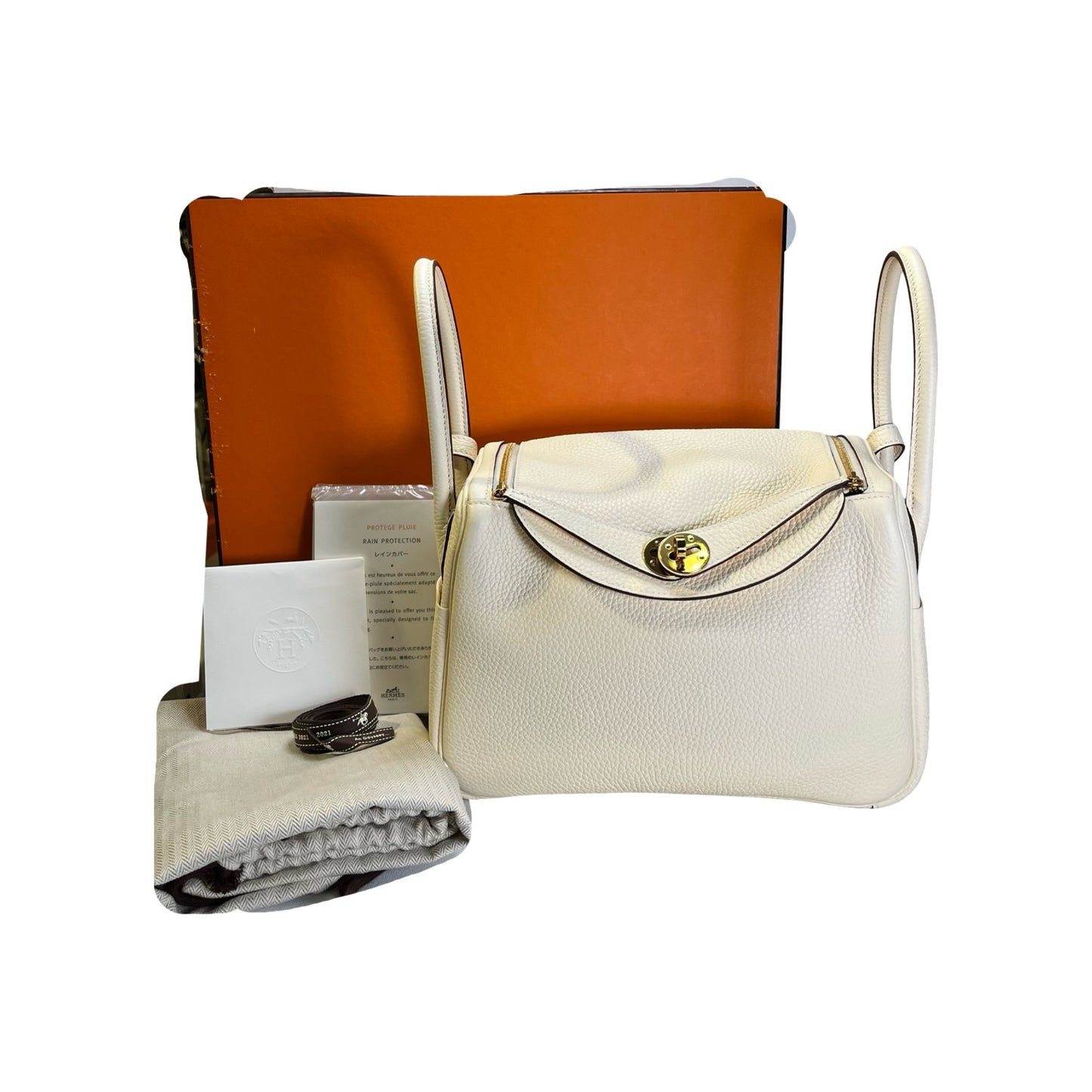 Used HERMES Leather Clemence Lindy Handbag Cream Off-White