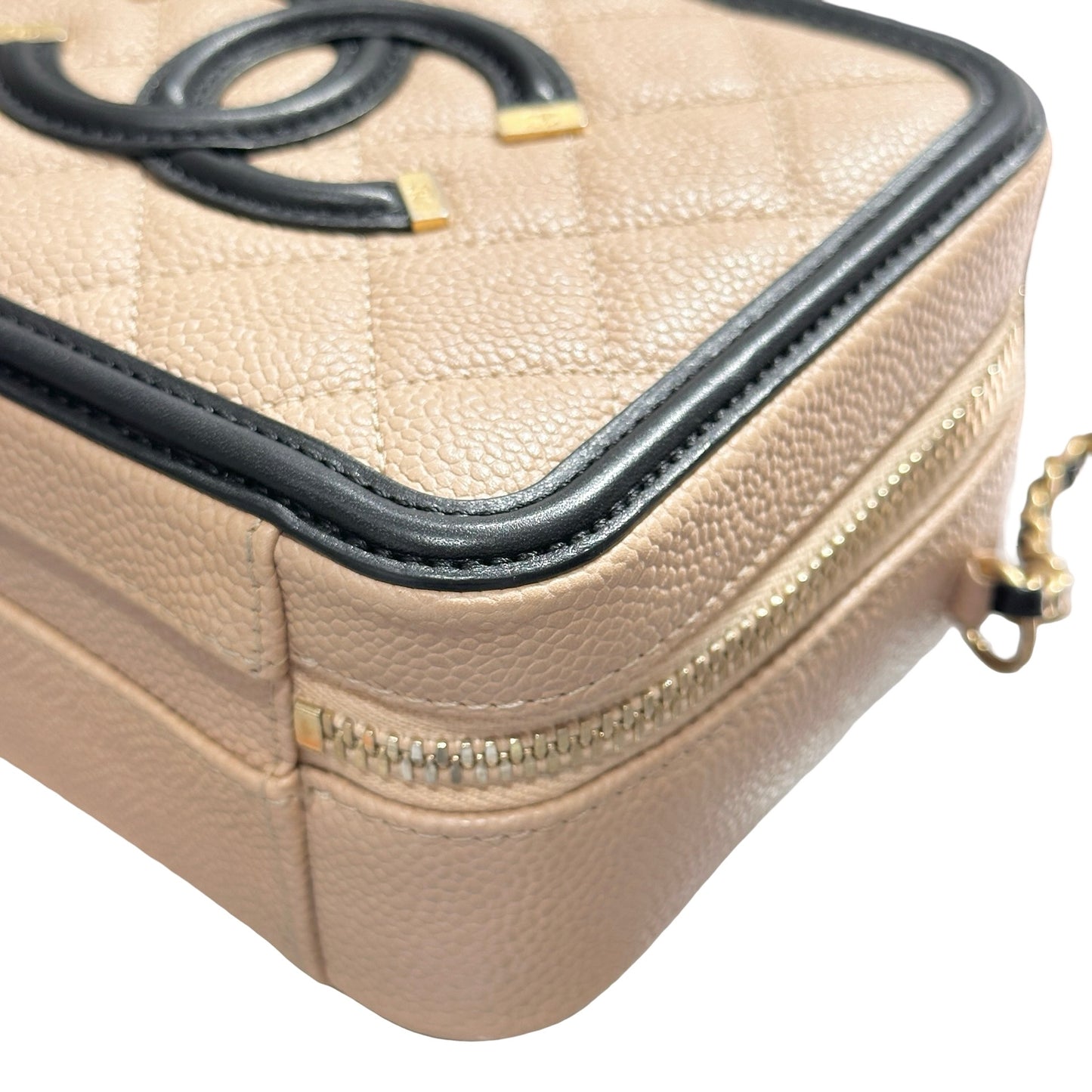 Used CHANEL Calfskin Leather Cross Body Bag Beige GHW