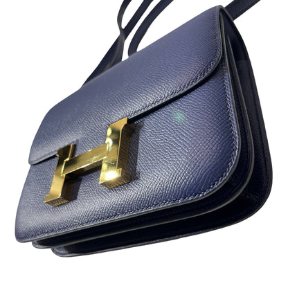 Used HERMÈS Calfskin Leather Mini Constance Cross Body Bag Blue