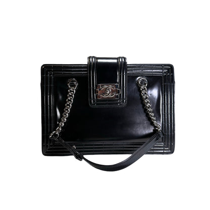 Used CHANEL Patent Leather Boy Shopping Tote Tote Bag Black PHW