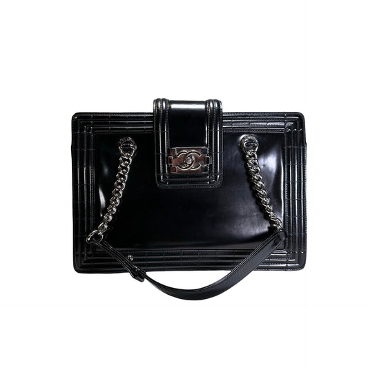 Used CHANEL Patent Leather Boy Shopping Tote Tote Bag Black PHW