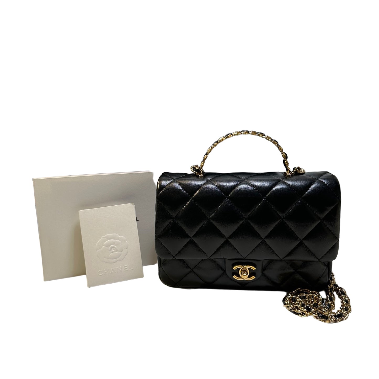 Used CHANEL Quilted Lambskin Top Handle Flap Bag Handbag Black