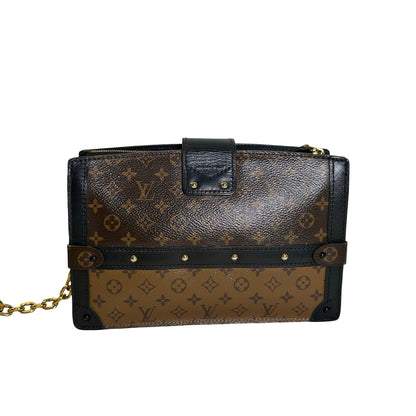Used LOUIS VUITTON Monogram Canvas Leather Petite Malle Crossbody Bag Brown Black Gold