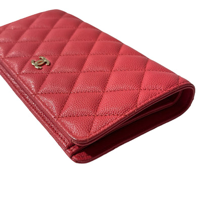 Used CHANEL Calfskin Leather Wallet Red GHW