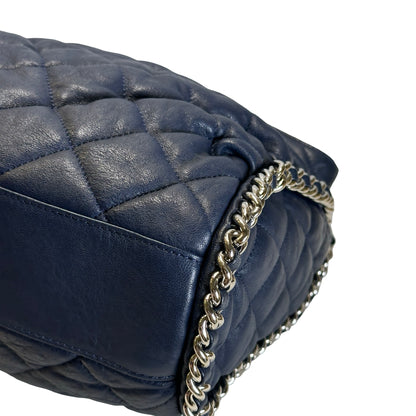 Used CHANEL Quilted Leather Quilted Shoulder Bag Chain Shoulder Bag Navy Blue Silver Hardware