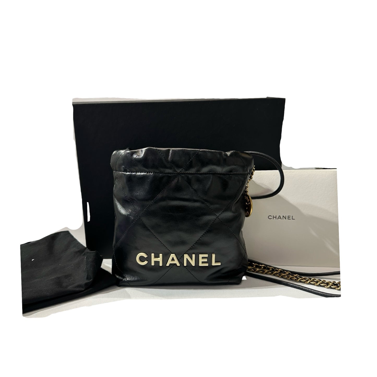 Used CHANEL Shiny Calfskin Mini 22 Shoulder Bag Black GHW