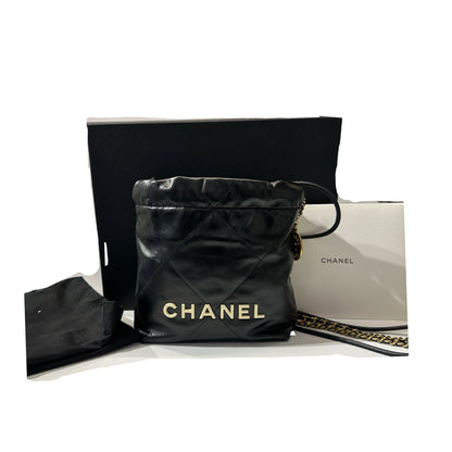 Used CHANEL Shiny Calfskin Mini 22 Shoulder Bag Black GHW