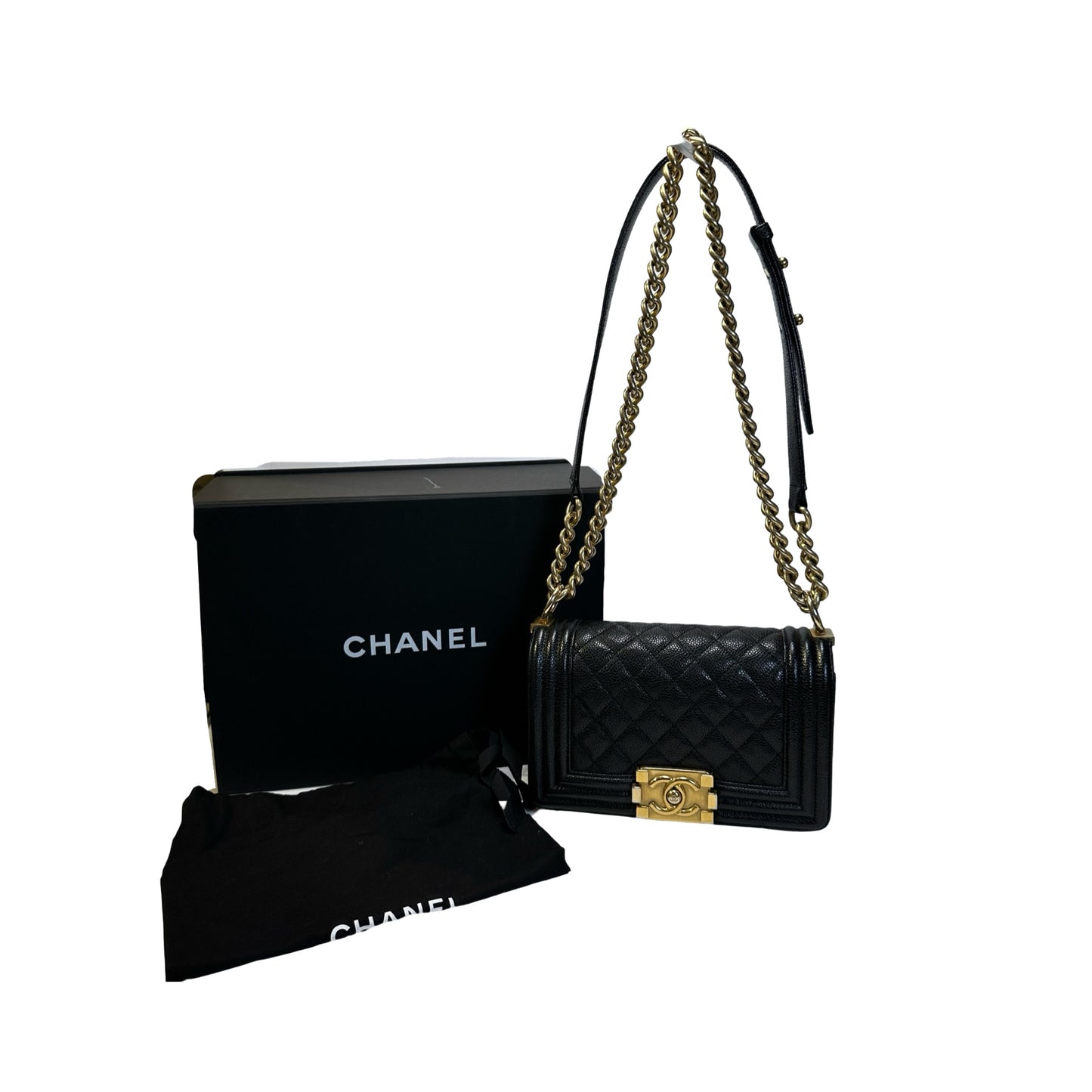 Used CHANEL Caviar Leather Quilted Boy 20 Shoulder Bag Black Gold