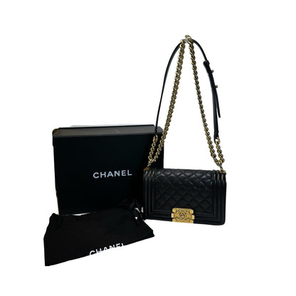 Used CHANEL Caviar Leather Quilted Boy 20 Shoulder Bag Black Gold