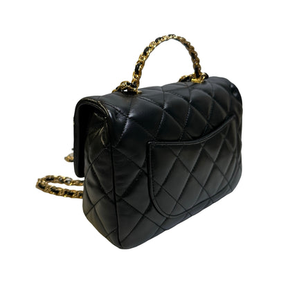 Used CHANEL Quilted Lambskin Top Handle Flap Bag Handbag Black
