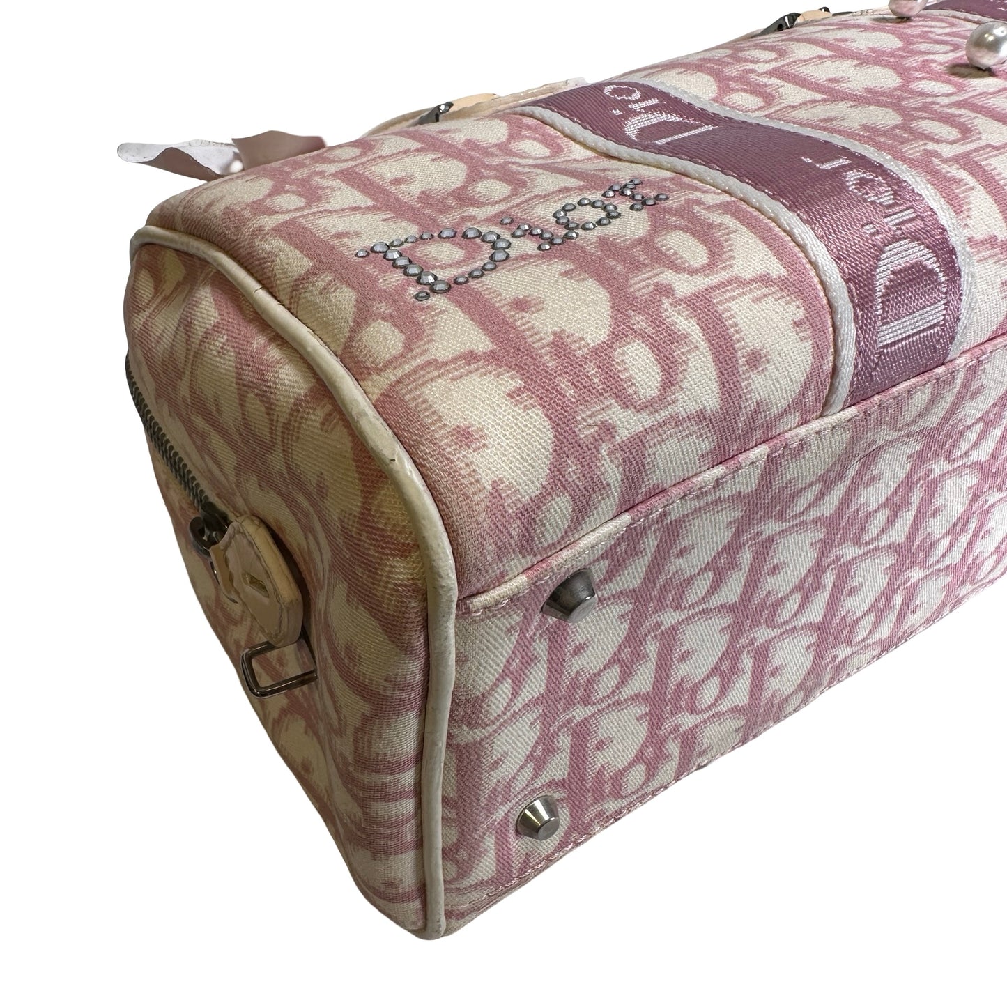 Used DIOR Canvas Trotter Boston Handbag Pink PHW