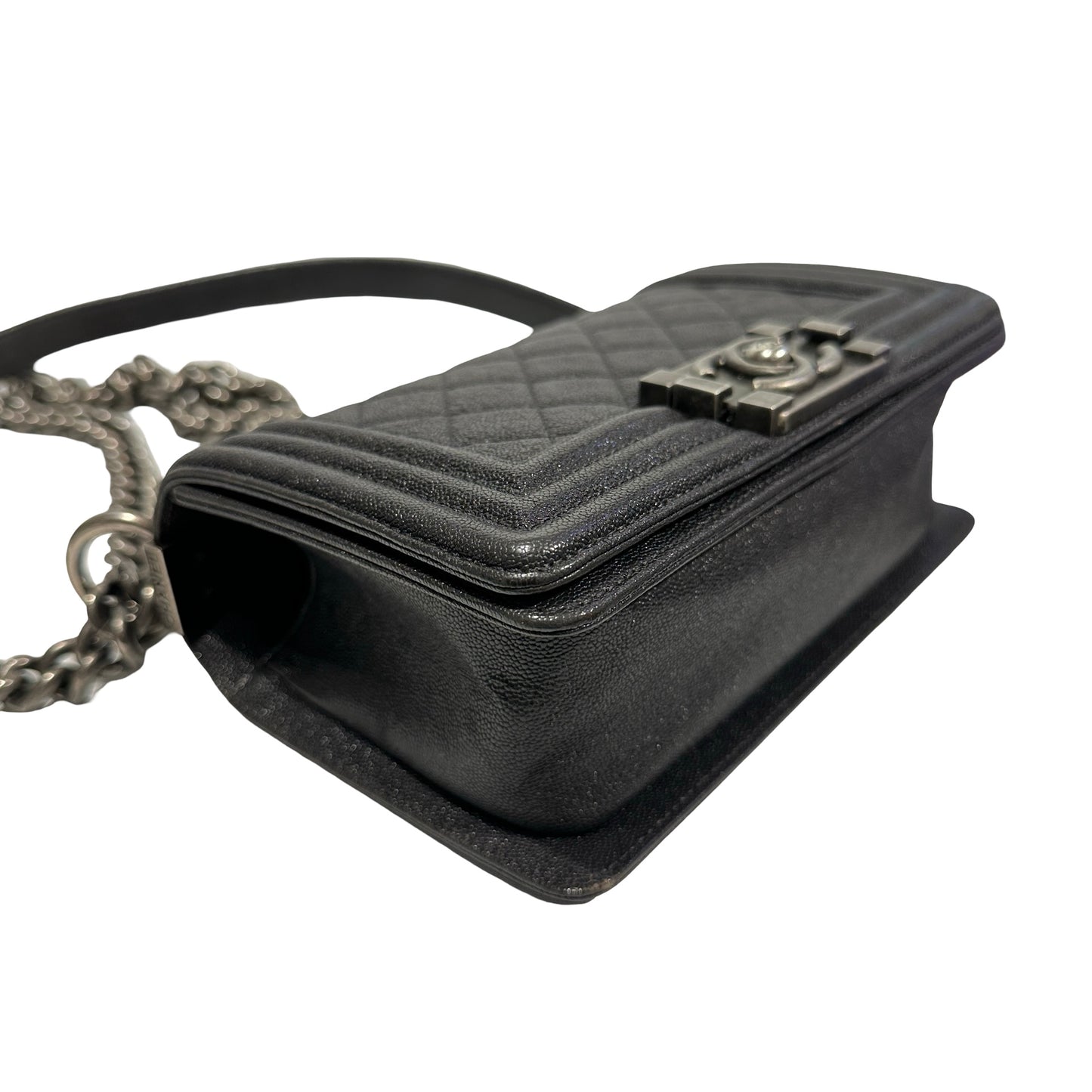 Used Chanel Calfskin Leather Boy 20cm Shoulder Bag PHW Grey