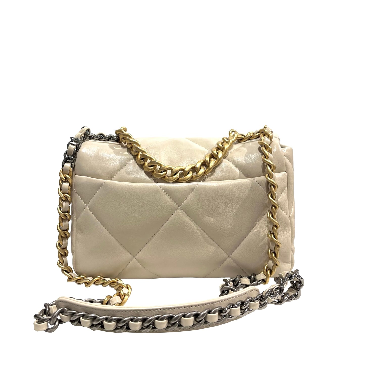 Used CHANEL Lambskin Quilted Chanel 19 Chain Shoulder Bag Cream White GHW